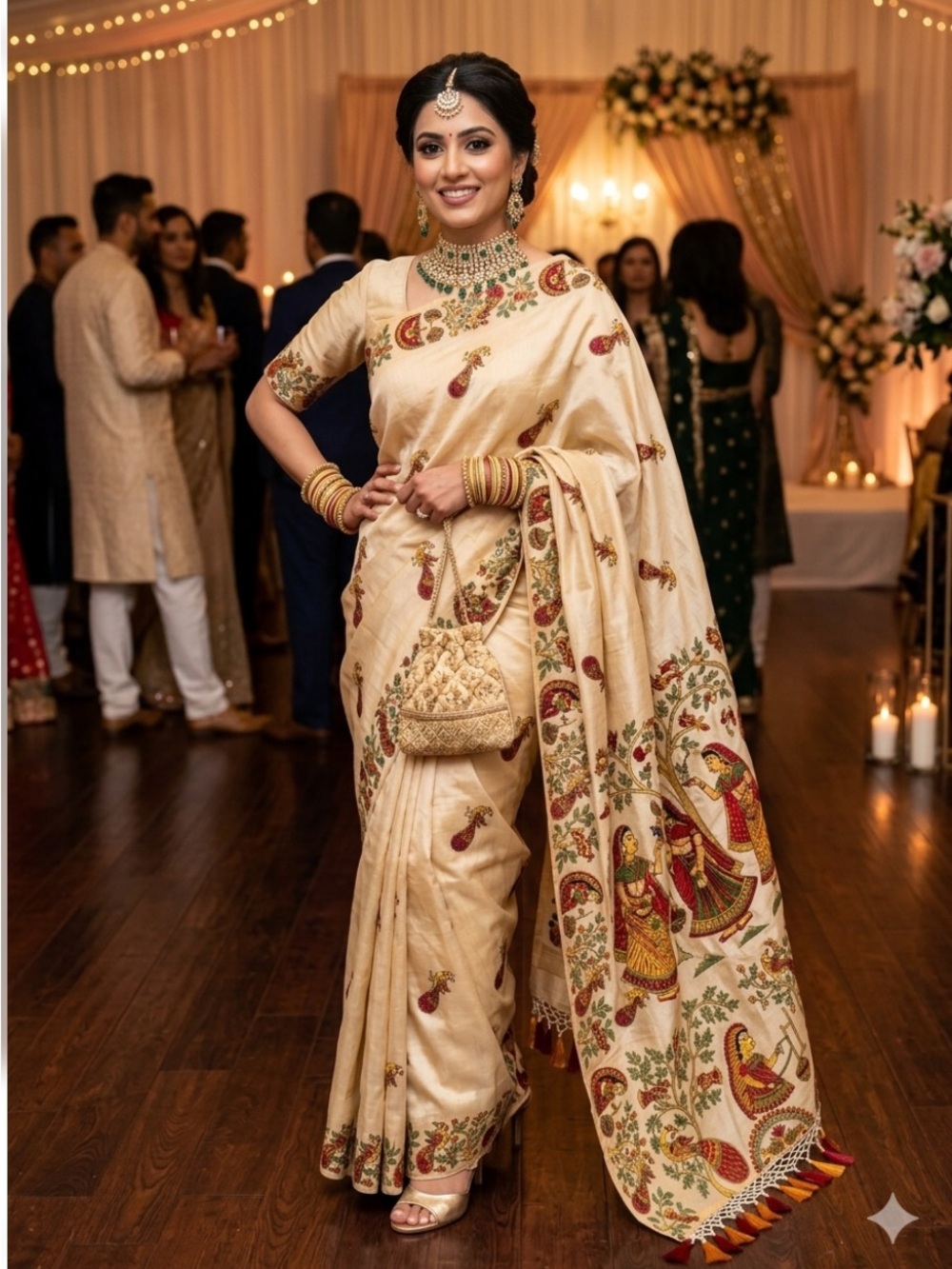 Elegant Cream Embroidered Saree Dress with Traditional Motifs - Women Dresses
